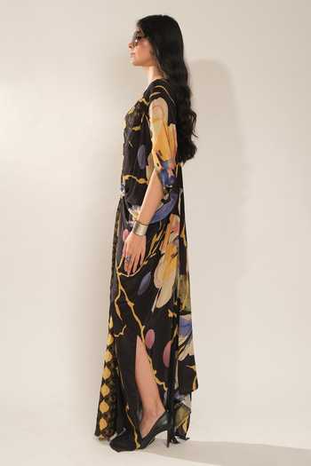 Esha L Amin_Black Viscose, Crepe V-neck Floral Print Kaftan _Online_at_Aza_Fashions