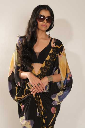 Buy_Esha L Amin_Black Viscose, Crepe V-neck Floral Print Kaftan _Online_at_Aza_Fashions