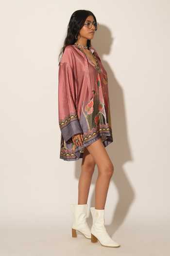 Esha L Amin_Pink Satin, Linen V-neck Floral Print Asymmetric Dress _Online_at_Aza_Fashions