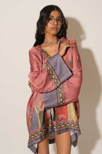 Buy_Esha L Amin_Pink Satin, Linen V-neck Floral Print Asymmetric Dress _Online_at_Aza_Fashions