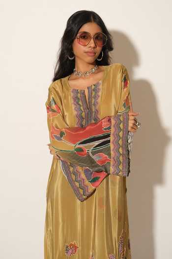 Esha L Amin_Mustard Crepe, Viscose Split V-neck, Yes Floral Embroidered Tunic _Online_at_Aza_Fashions