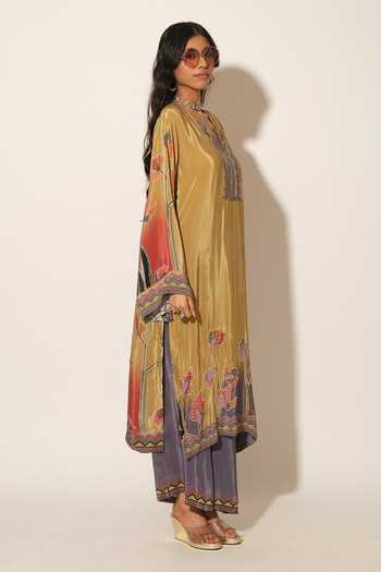 Buy_Esha L Amin_Mustard Crepe, Viscose Split V-neck, Yes Floral Embroidered Tunic _Online_at_Aza_Fashions