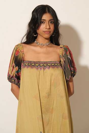 Esha L Amin_Mustard Muslin Off-shoulder Flower Print Dress _Online_at_Aza_Fashions