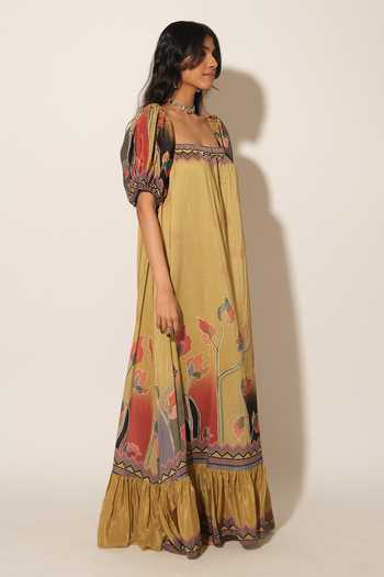 Buy_Esha L Amin_Mustard Muslin Off-shoulder Flower Print Dress _Online_at_Aza_Fashions