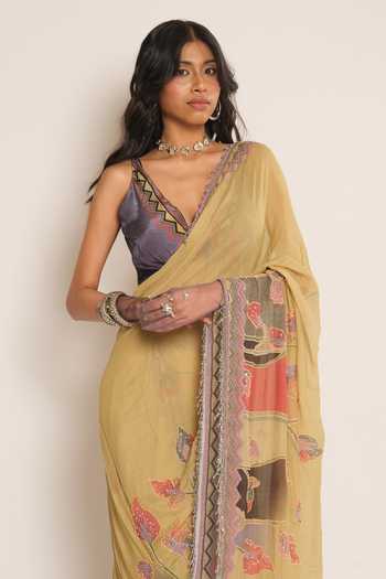 Esha L Amin_Mustard Chanderi Floral Placement Embroidered Saree _Online_at_Aza_Fashions