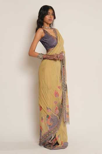 Buy_Esha L Amin_Mustard Chanderi Floral Placement Embroidered Saree _Online_at_Aza_Fashions