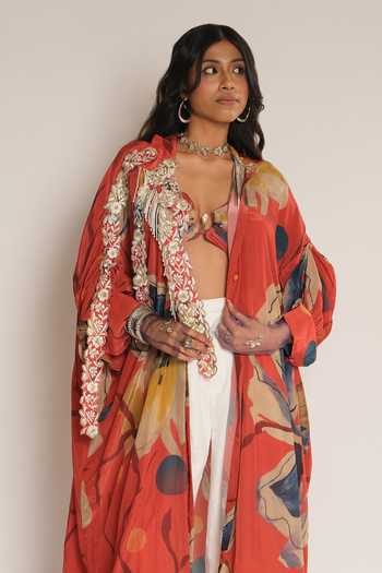 Esha L Amin_Red Crepe, Viscose Open Neck Flower Embroidered Longline Shirt _Online_at_Aza_Fashions