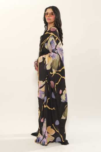 Esha L Amin_Black Georgette, Satin Flower Print Saree _Online_at_Aza_Fashions