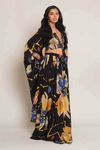 Esha L Amin_Black Crepe, Viscose Floral Print Cape _Online_at_Aza_Fashions