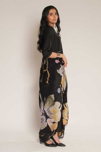 Esha L Amin_Black Georgette, Satin Floral Print Dupatta _Online_at_Aza_Fashions