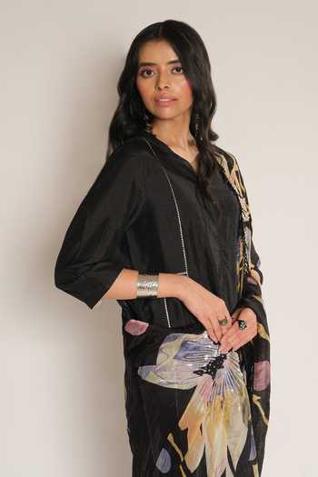 Buy_Esha L Amin_Black Georgette, Satin Floral Print Dupatta _Online_at_Aza_Fashions