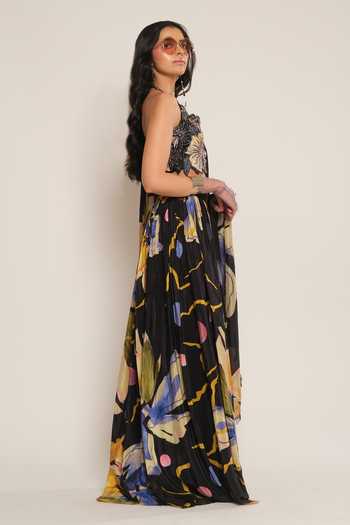 Esha L Amin_Black Crepe, Viscose Floral Print Skirt _Online_at_Aza_Fashions