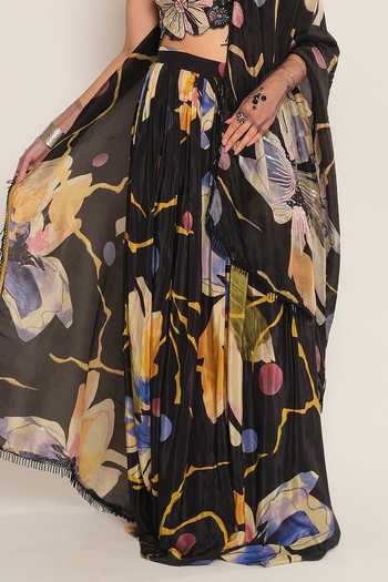Buy_Esha L Amin_Black Crepe, Viscose Floral Print Skirt _Online_at_Aza_Fashions