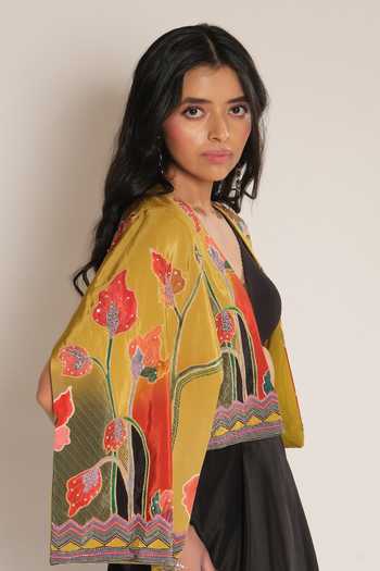 Esha L Amin_Mustard Viscose, Crepe Open Neck Embroidered Jacket _Online_at_Aza_Fashions