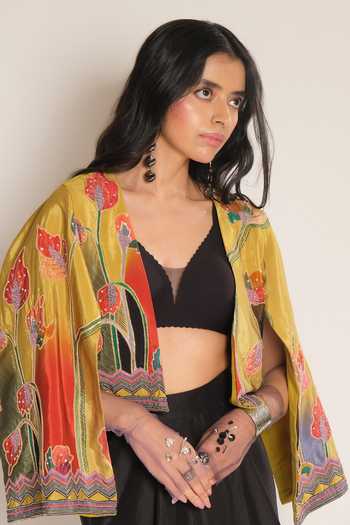 Buy_Esha L Amin_Mustard Viscose, Crepe Open Neck Embroidered Jacket _Online_at_Aza_Fashions