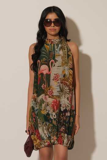 Buy Esha L Amin Multi Color Crepe, Viscose Halter Neck Flamingo Print Dress Online at Aza Fashions Buy_Esha L Amin_Multi Color Crepe, Viscose Halter Neck Flamingo Print Dress _Online_at_Aza_Fashions