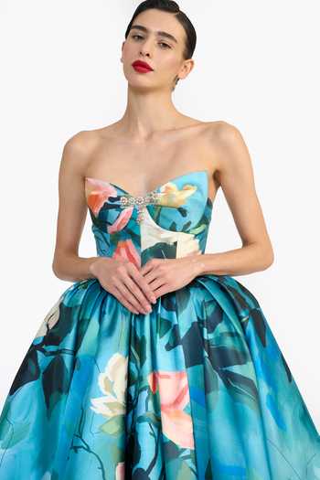 Buy Gauri & Nainika Blue Sweetheart Neck Sculpted Printed Maxi Dress Buy_Gauri & Nainika_Blue Sweetheart Neck Sculpted Printed Maxi Dress