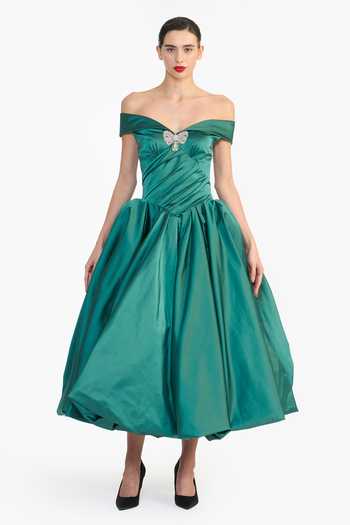 Gauri & Nainika_Green Satin Off-shoulder Off Draped Balloon Dress _Online_at_Aza_Fashions
