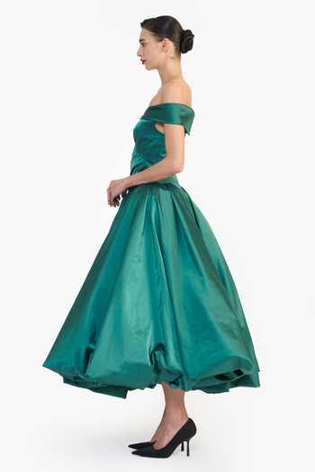 Buy_Gauri & Nainika_Green Satin Off-shoulder Off Draped Balloon Dress _Online_at_Aza_Fashions