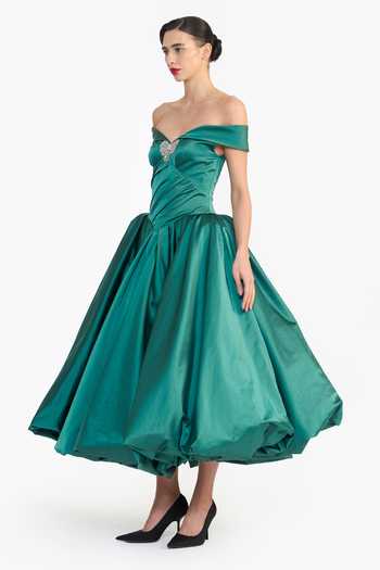 Shop_Gauri & Nainika_Green Satin Off-shoulder Off Draped Balloon Dress _Online_at_Aza_Fashions