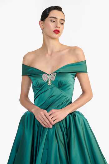 Gauri & Nainika_Green Satin Off-shoulder Off Draped Balloon Dress _at_Aza_Fashions