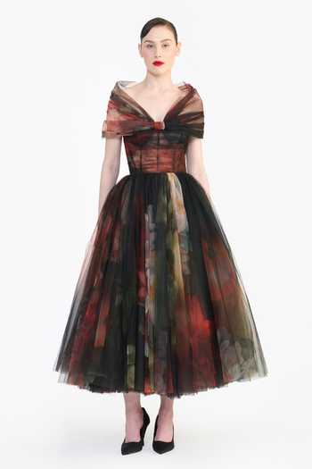 Buy_Gauri & Nainika_Multi Color Tulle Off-shoulder Sculpted Printed Draped Dress _Online_at_Aza_Fashions