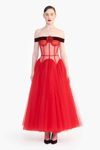 Shop Gauri & Nainika Red Tulle Off-shoulder Drop Waisted Corsetted Dress Online at Aza Fashions Shop_Gauri & Nainika_Red Tulle Off-shoulder Drop Waisted Corsetted Dress _Online_at_Aza_Fashions