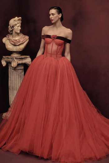 Shop Gauri & Nainika Red Tulle Off-shoulder Drop Waisted Corsetted Dress Shop_Gauri & Nainika_Red Tulle Off-shoulder Drop Waisted Corsetted Dress