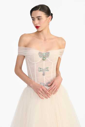 Shop Gauri & Nainika Peach Tulle Off-shoulder Off Embellished Dress Online at Aza Fashions Shop_Gauri & Nainika_Peach Tulle Off-shoulder Off Embellished Dress _Online_at_Aza_Fashions