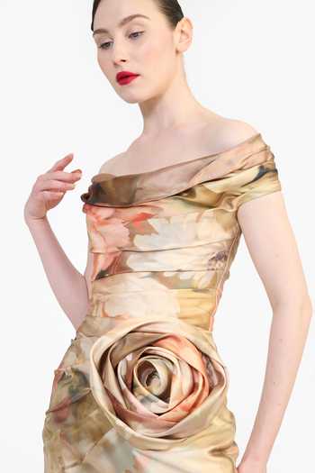Gauri & Nainika_Multi Color Off-shoulder Victorian Print Draped Dress _at_Aza_Fashions