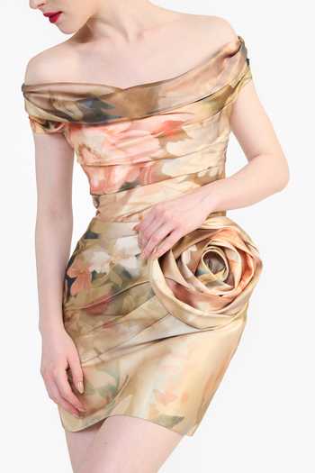 Buy_Gauri & Nainika_Multi Color Off-shoulder Victorian Print Draped Dress 