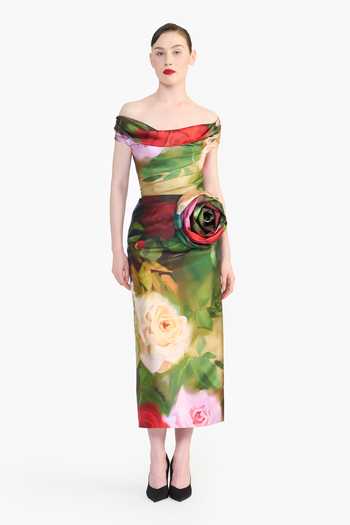 Shop_Gauri & Nainika_Green Off-shoulder Flower Print Draped Dress _Online_at_Aza_Fashions