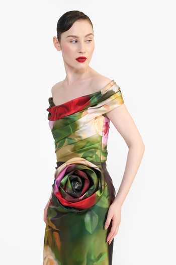 Gauri & Nainika_Green Off-shoulder Flower Print Draped Dress _at_Aza_Fashions