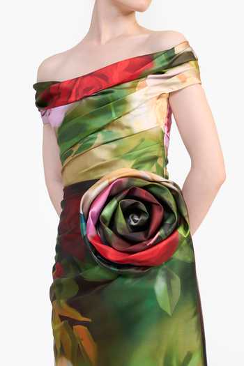 Buy_Gauri & Nainika_Green Off-shoulder Flower Print Draped Dress 