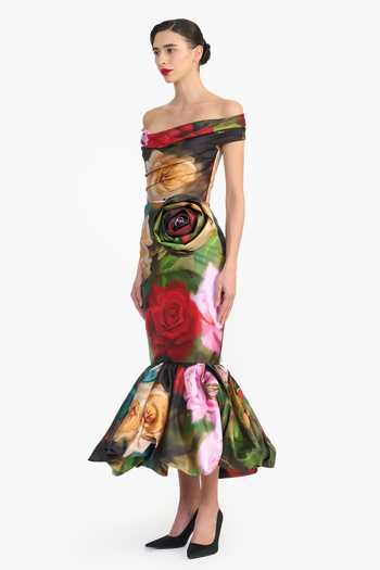 Buy_Gauri & Nainika_Green Off-shoulder Rose Print Dress _Online_at_Aza_Fashions