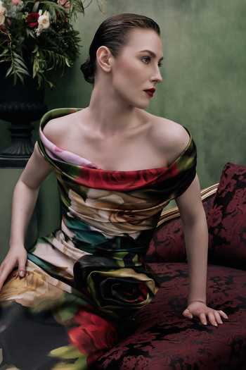 Shop_Gauri & Nainika_Green Off-shoulder Rose Print Dress 