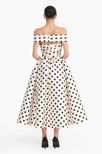 Shop Gauri & Nainika Black Off-shoulder Polka Dot Print Dress at Aza Fashions Shop_Gauri & Nainika_Black Off-shoulder Polka Dot Print Dress _at_Aza_Fashions
