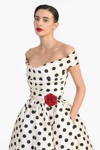 Gauri & Nainika Black Off-shoulder Polka Dot Print Dress at Aza Fashions Gauri & Nainika_Black Off-shoulder Polka Dot Print Dress _at_Aza_Fashions