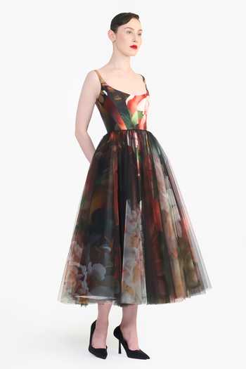Buy Gauri & Nainika Black Tulle Scoop Neck Panelled Corseted Printed Dress Online at Aza Fashions Buy_Gauri & Nainika_Black Tulle Scoop Neck Panelled Corseted Printed Dress _Online_at_Aza_Fashions