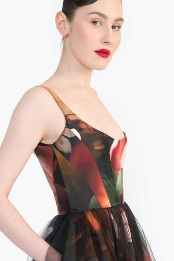 Shop Gauri & Nainika Black Tulle Scoop Neck Panelled Corseted Printed Dress Online at Aza Fashions Shop_Gauri & Nainika_Black Tulle Scoop Neck Panelled Corseted Printed Dress _Online_at_Aza_Fashions