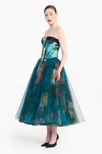 Gauri & Nainika_Blue Tulle Sweetheart Neck Panelled Corsetted Dress _Online_at_Aza_Fashions