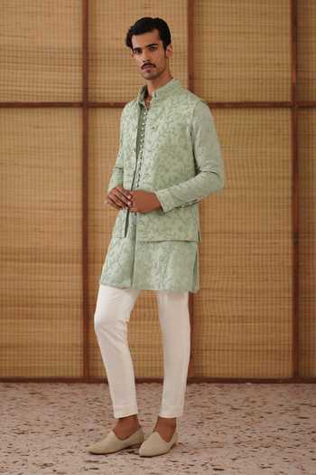 Arjan Dugal_Green Organza, Cotton Satin, Lycra Beads, Beaded Sage Nehru Jacket Set _at_Aza_Fashions