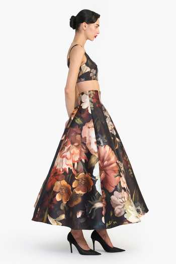 Gauri & Nainika_Black Floral Print Panelled Skirt _Online_at_Aza_Fashions
