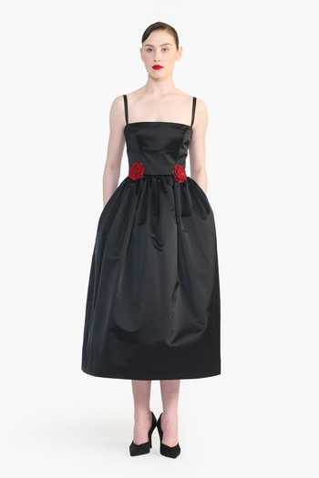 Gauri & Nainika_Black Satin Square Neck Rose Placement Embroidered Dress _Online_at_Aza_Fashions