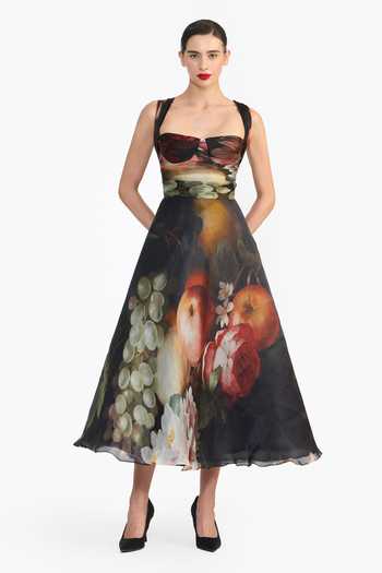 Gauri & Nainika_Black Organza, Satin Bandeau Neck Floral Print Draped Dress _Online_at_Aza_Fashions
