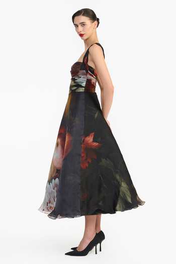 Gauri & Nainika_Black Organza, Satin Bandeau Neck Floral Print Draped Dress _at_Aza_Fashions