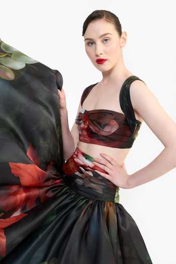 Gauri & Nainika Black Organza Bandeau Neck Dutch Still Life Print Bustier at Aza Fashions Gauri & Nainika_Black Organza Bandeau Neck Dutch Still Life Print Bustier _at_Aza_Fashions