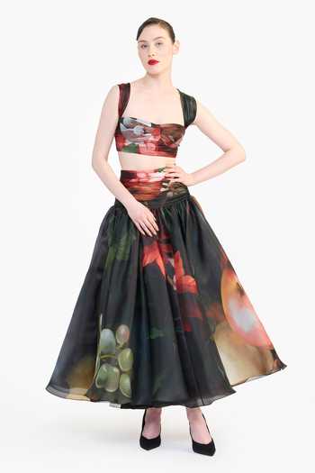 Buy Gauri & Nainika Black Organza Bandeau Neck Dutch Still Life Print Bustier Buy_Gauri & Nainika_Black Organza Bandeau Neck Dutch Still Life Print Bustier
