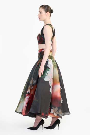 Shop Gauri & Nainika Black Organza Dutch Floral Print Skirt Online at Aza Fashions Shop_Gauri & Nainika_Black Organza Dutch Floral Print Skirt _Online_at_Aza_Fashions