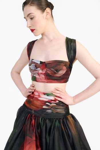 Gauri & Nainika Black Organza Dutch Floral Print Skirt at Aza Fashions Gauri & Nainika_Black Organza Dutch Floral Print Skirt _at_Aza_Fashions